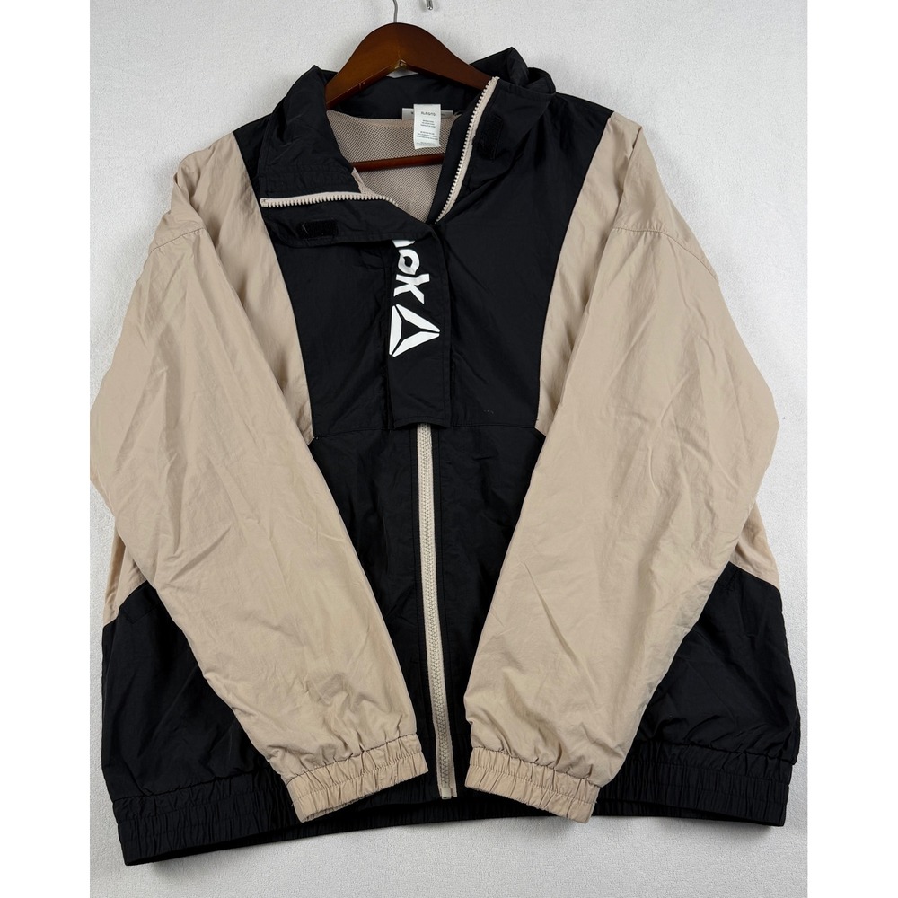 Reebok Womens Colorblock Windbreaker Jacket Black Tan XL Full Zip Mesh Lined